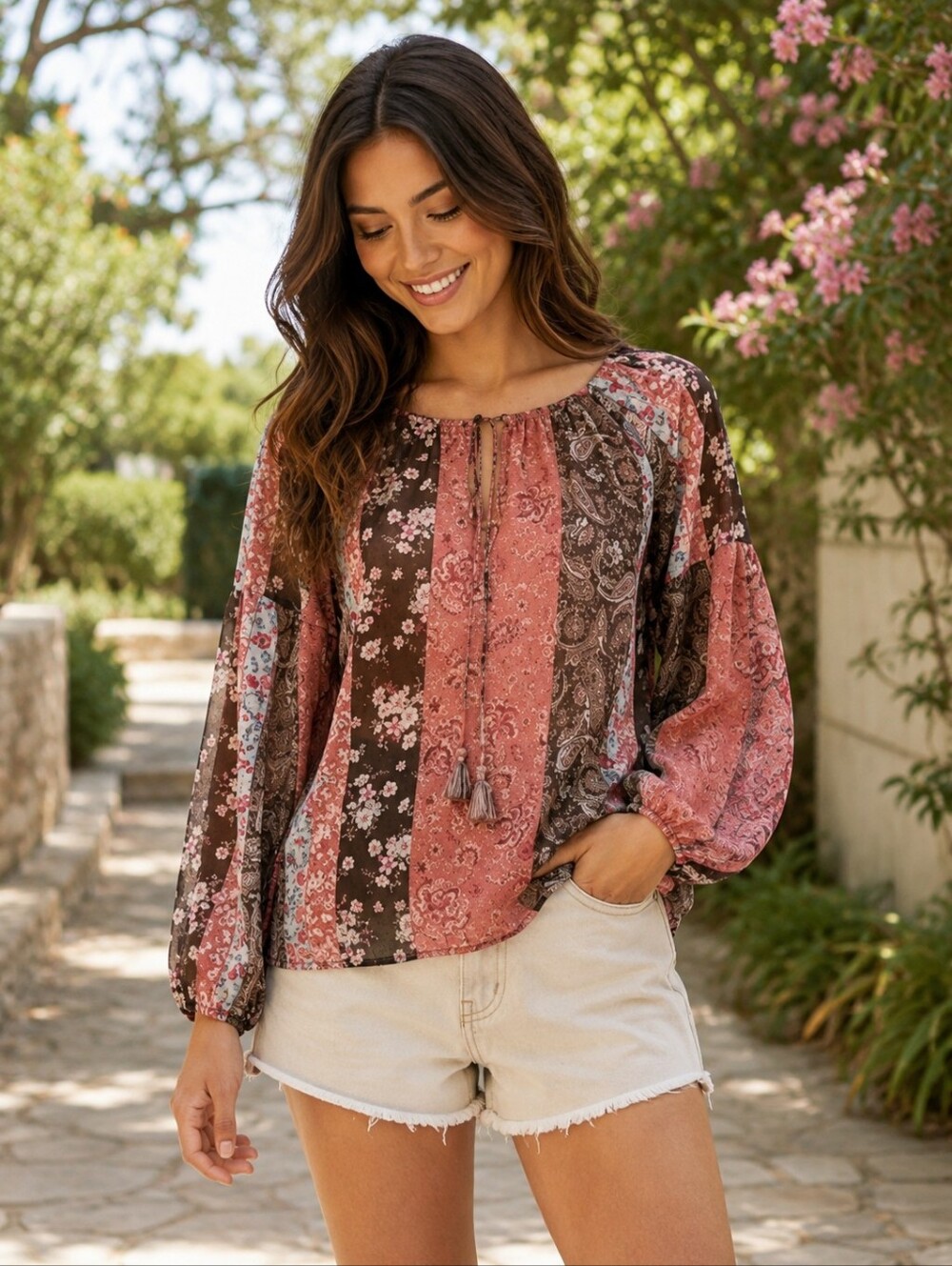 Black Tape patchwork dream sheer mixed print boho blouse
